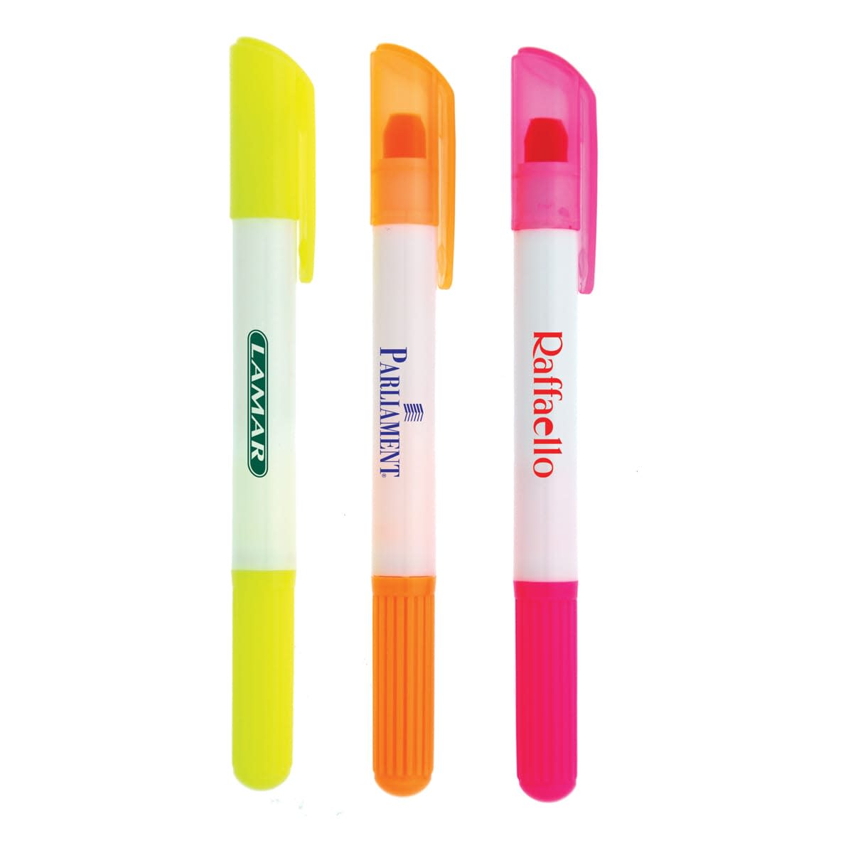 Three highlighters are shown: one yellow with LAWAR, one orange with PARLIAMENT, and one pink with Raffaello. They have colored caps and bases.