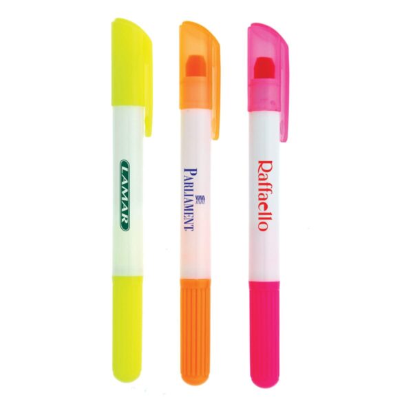 Three highlighters with different colored clips and tips: yellow (Lamar), orange (Parliament), and pink (Raffaello). Each has a white barrel and a cap with contrasting grips.