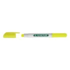 A yellow highlighter pen with its cap removed, placed to the left. The barrel is white with a green LAMAR logo. The highlighter tip and cap are bright yellow.