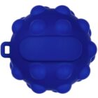 Blue, circular silicone case with a bubbly texture and a rectangular center design. A small loop protrudes on the side for attachment.
