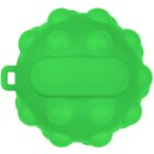 A round, lime green silicone sensory toy with a flat handle on one side. The surface has circular indents, resembling bubbles, designed for popping.