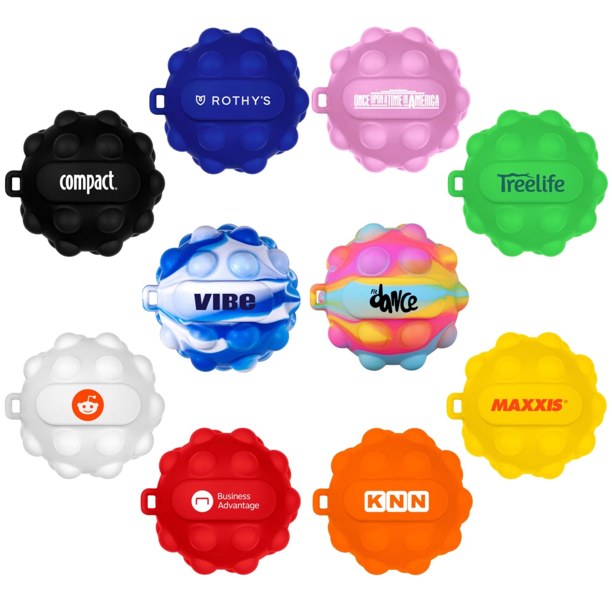 Ten round, textured promotional pop-it toys in various colors and designs are displayed. Each features a distinct brand logo, including blue, pink, black, multicolored, white, orange, and yellow versions, each with unique text or logo designs.