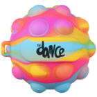 A colorful, round sensory toy with a textured surface, featuring a vibrant rainbow pattern blending pink, yellow, blue, and orange. The words fit dance are printed in bold black letters across the center.