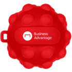 Red, round, textured ball with an indented horizontal band across the middle. The band features the text Business Advantage in white, alongside a white logo resembling a square with a notch. A small loop is attached to the side.