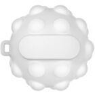 A round, white object with raised circular bumps around the edge and a smooth, oval-shaped section in the center. A small rectangular tab protrudes from one side. The object resembles a massage or therapeutic device.