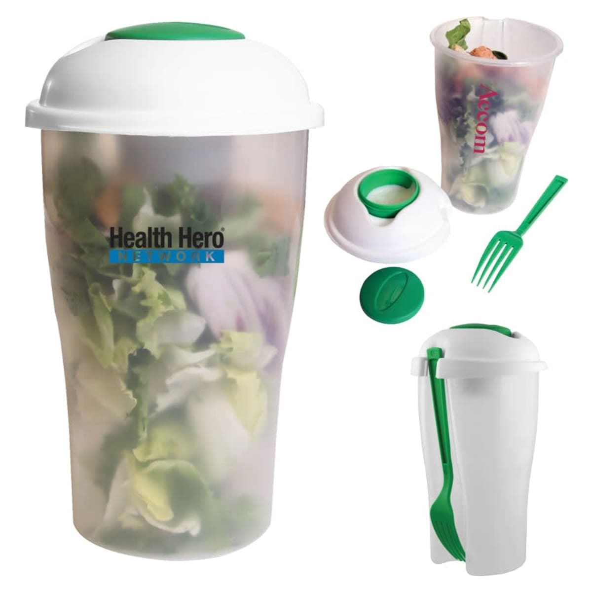 A frosted plastic salad shaker with a white lid and attached green fork. The shaker is filled with mixed salad. The image shows various views of the shaker, including the lid with a green opening and fork stored on the side.