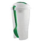 A white portable salad container with a green plastic fork attached to the side. The lid is partially visible at the top. The container is designed for easy transport and storage of salads or other meals.