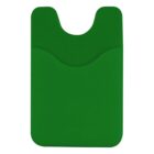 A green silicone card holder with a pocket on the front, designed to attach to the back of a smartphone.