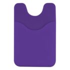 Purple silicone card holder with a smooth surface and a curved opening at the top. Designed to attach to the back of a phone to hold cards securely.