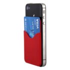 Smartphone with a red cardholder attached to the back, holding a blue Visa debit card.