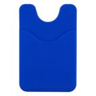 Blue silicone phone card holder with a curved opening at the front, designed to stick onto a phones back for carrying cards.
