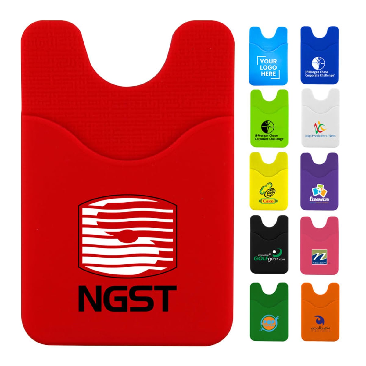 A red silicone phone card holder with NGST and a logo in black. Ten smaller colorful card holders are displayed beside it, each featuring different logos and designs on various backgrounds like green, yellow, and blue.