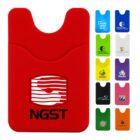 Colorful phone wallets displayed in various colors and featuring different company logos, with a larger red wallet in the foreground showcasing the NGST logo.