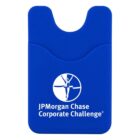 Blue silicone phone wallet with JPMorgan Chase Corporate Challenge logo and text, featuring a stylized runner inside a circle.