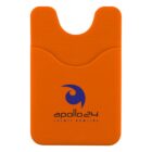Orange silicone phone card holder with a slot on top. Features a blue logo with a stylized a and the text apollo 24 COSMIC BOWLING in black at the bottom center.