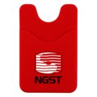 A red silicone card holder with a stylized white logo in the center resembling a wave or abstract design, and the letters NGST below it. The holder has a slot at the top for inserting cards.
