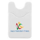 A white cardholder displays a vibrant logo with intertwined red, green, and yellow swooshes. Below the logo, the text reads isp.Halden.Net in blue. The cardholder has a flat, textured top and a curved opening.