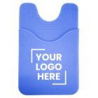 Blue silicone phone wallet with a textured top edge and the words YOUR LOGO HERE printed in white on the front.