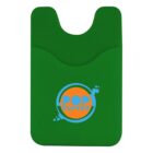 Green silicone card holder with a round pop-themed logo featuring an orange and light blue design on the front.