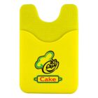 Bright yellow silicone card holder with a textured surface, featuring a design of a chefs hat above the word Cake in a rolling pin graphic. The word Chef appears in a script-like font.