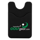 A black silicone card holder with the text innovative GOLFgear.com in green and white. The logo includes a stylized golf ball and swoosh design. The holder is designed to stick onto the back of a phone.