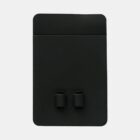 A black rectangular object with two small cylindrical protrusions at the bottom on a light gray background.