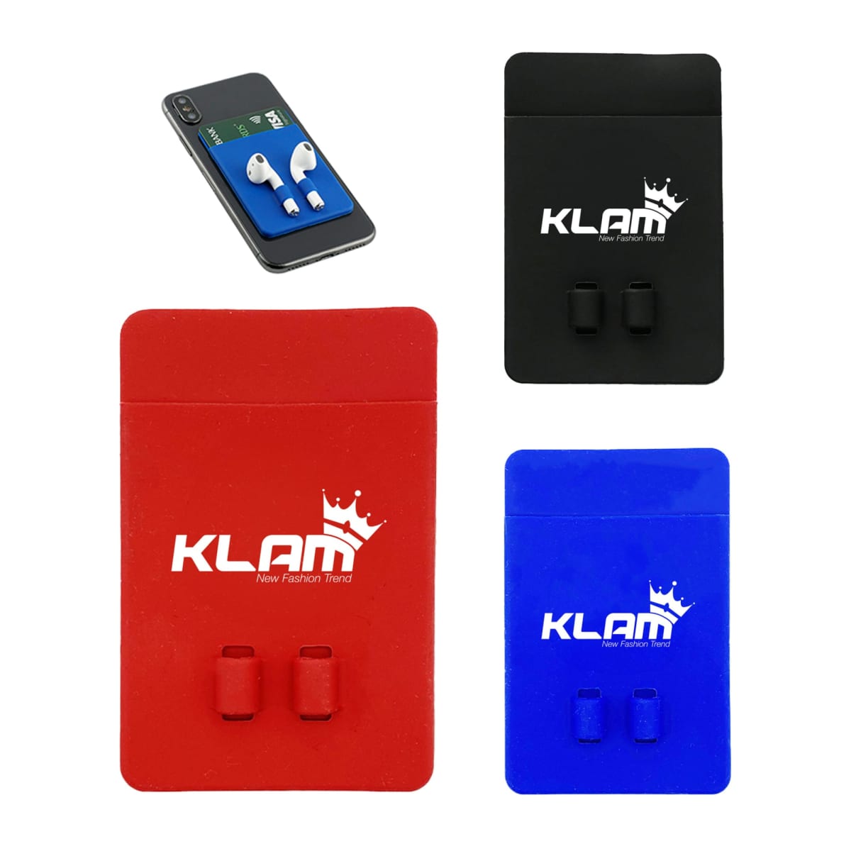 A set of adhesive phone wallets in red, black, and blue, each with a logo reading KLAM and a crown symbol. The wallets feature a small pocket designed to hold earphones. A smartphone with a blue wallet attached is also shown.