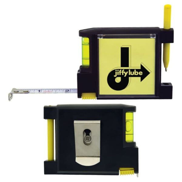 A yellow and black multi-purpose tool featuring a tape measure, spirit level, and pen. The item is branded with the jiffy lube logo. One side shows the tape extended, while the other side is a view from the back.