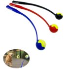 Three dog ball launchers in blue, red, and black with attached tennis balls. An inset image shows a happy dog running toward a flying ball.
