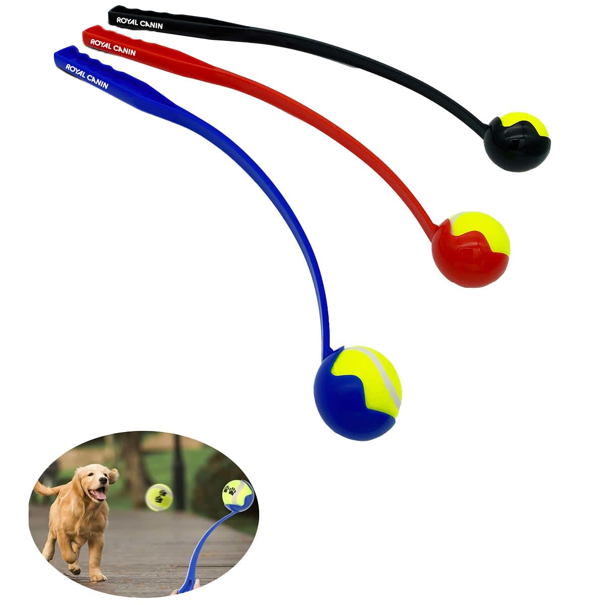 Three dog ball launchers in blue, red, and black with attached tennis balls. An inset image shows a happy dog running toward a flying ball.