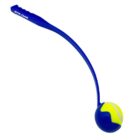 A blue dog ball launcher with a handle curves to hold a yellow and blue tennis ball at one end.