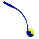 A blue dog ball thrower with a long handle, holding a yellow and blue tennis ball at the end.