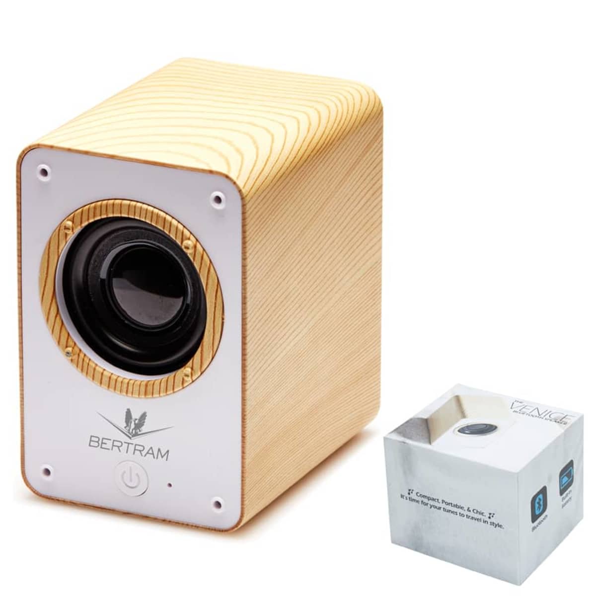 A compact wooden Bluetooth speaker with a white front panel, showcasing the brand BERTRAM and its power button. To the right, theres an image of its packaging, highlighting its features and design.