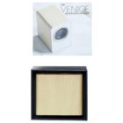 Wooden Bluetooth speaker with a minimalist design is displayed below its packaging. The box features the text The Venice Bluetooth Speaker and an image of the speaker.