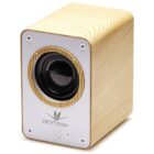 A compact, square wooden speaker with a front-facing speaker cone. The front panel is white with a power button and the brand name Bertram along with a small logo depicting a bird.