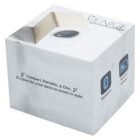 A white, cube-shaped box displaying images of a Bluetooth speaker with text highlighting features: Compact, Portable, & Chic and symbols for Bluetooth and Built-in Battery.