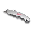 A silver utility knife with a retractable blade, ergonomic grip, and a red logo printed on the handle. The blade is partially extended.