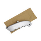 A silver utility knife with a serrated handle, placed atop a piece of brown paper.