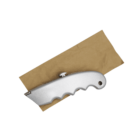 A silver utility knife with a retractable blade is placed on a brown paper background. The knife has a curved, ergonomic handle with finger grooves and a circular adjustment knob.