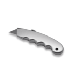 A silver utility knife with a retractable blade and a ridged, ergonomic handle on a plain white background.
