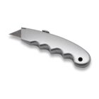 A silver utility knife with a retractable blade and an ergonomic handle featuring finger grooves, placed against a white background.