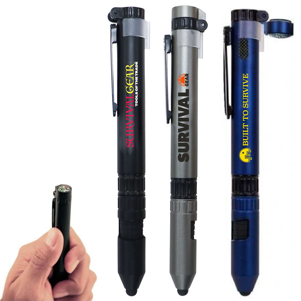 Three tactical pens in black, gray, and blue with clips and varying logos, including Survival Gear and Built to Survive. A hand holds a compact pen-sized tool with a capped top, showing a compass on the end.