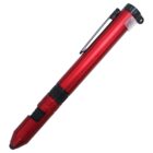 A red multitool pen featuring a clip, black grip sections, and various tool components. The pen is shown against a plain white background.