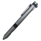 A metallic stylus pen with a silver-gray finish and a black tip. It features a ridged grip section and a pocket clip near the top. The stylus is shown against a white background.