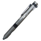 A metallic multi-tool pen featuring a black clip and stylus tip. It has a customizable logo space labeled YOUR LOGO HERE on the barrel.