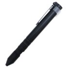 A black tactical pen with a clip and ridged grip, featuring a pointed tip. It is designed for dual purposes, including writing and self-defense. The pen has a matte finish and a compact, sturdy appearance.