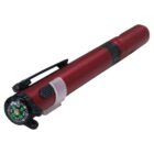 A red pen with a black clip, featuring a small compass embedded on the top end. The pen is angled slightly and set against a plain white background.