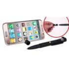 A pen functions as a stylus for a smartphone. The smartphone display shows various app icons. An inset displays a hand connecting a removable cap to the pen. The pen has a black body and a pocket clip.