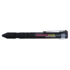 A black tactical pen with Survival Gear and Tools of the Trade written in red and yellow text on the side. It features a clip for carrying and a pointed tip, designed for multipurpose use.