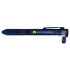A blue pen with a clip, featuring a logo of an elephant and the text BUILT TO SURVIVE in yellow.